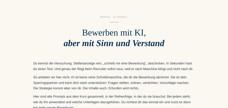 Die KI-Anleitung im Kurs: Bewerben mit KI, aber mit Sinn und Verstand